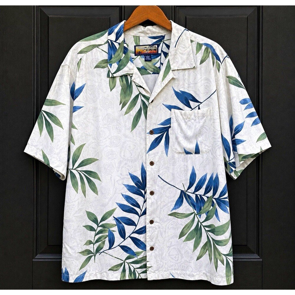 Havana Jack's Cafe Men's L White Blue Green Tropical Floral Rayon Shirt Pockets
